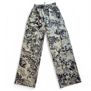 Face Fashion Toile Print Wide-Leg Pants Elastic Waist Cotton Blend Beige/Blue